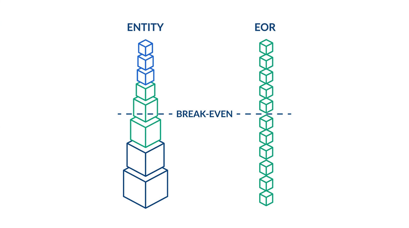 Diagram comparing entity costs as a heavy front-loaded stack against EOR costs as evenly repeating identical units, with a horizontal break-even line crossing both.