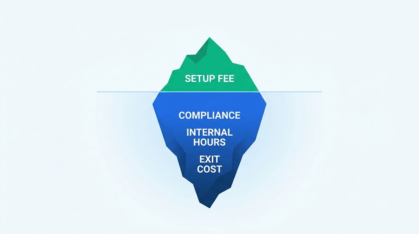 Iceberg diagram showing entity setup fee above the waterline and compliance, internal hours, and exit cost submerged below it.