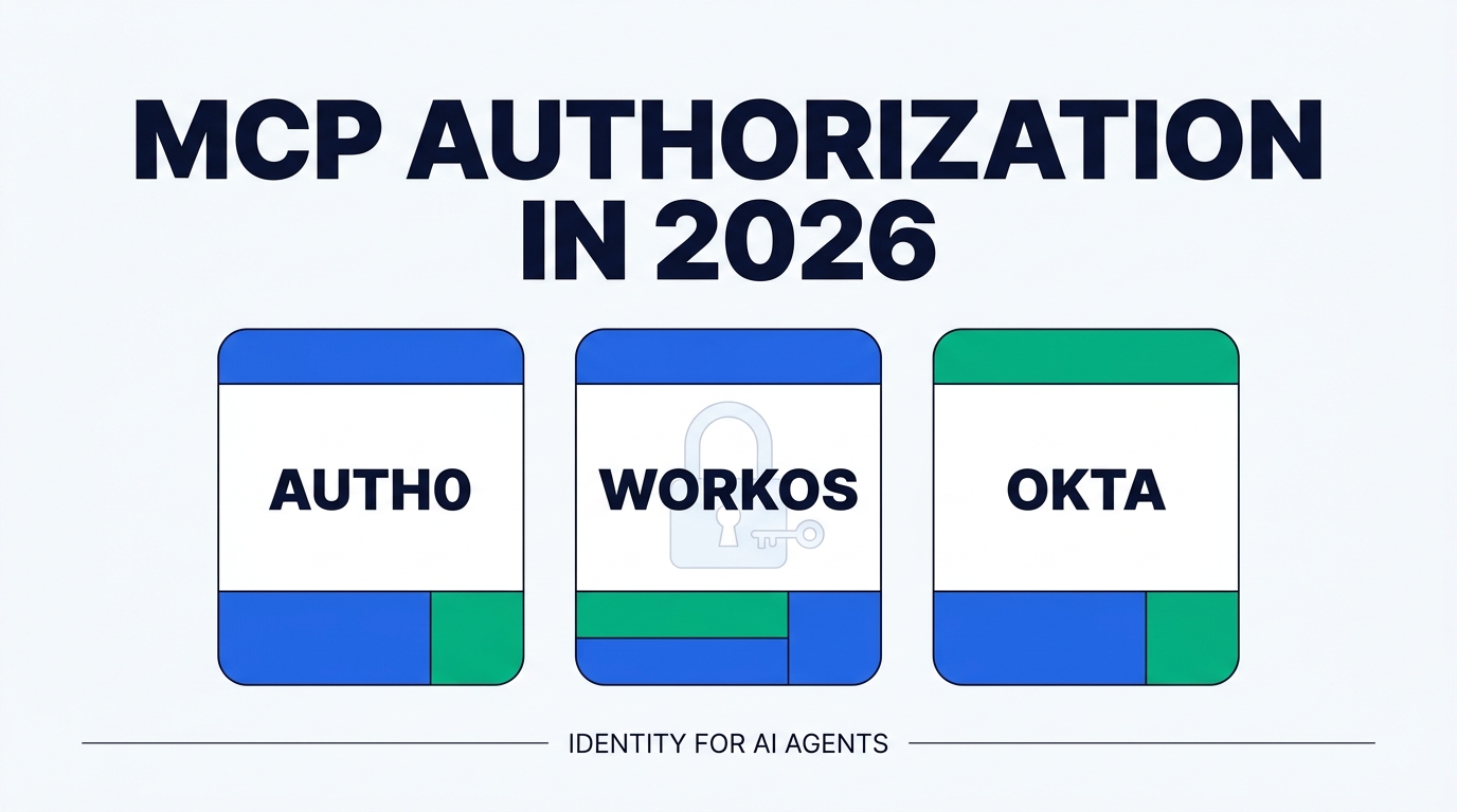Comparison graphic showing three identity platform cards labeled Auth0, WorkOS, and Okta under the headline MCP Authorization in 2026.