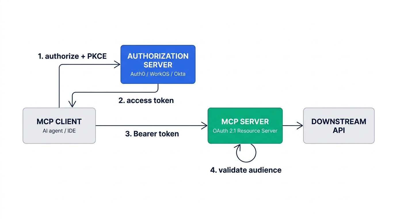 Architecture diagram showing an MCP client requesting authorization with PKCE from an authorization server, receiving an access token, presenting it as a Bearer token to the MCP server, which validates the token audience before calling a downstream API.
