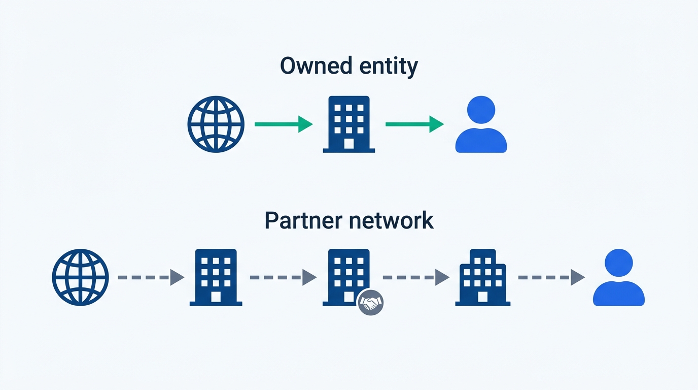 Diagram comparing a short owned-entity chain from provider to employee against a longer partner-network chain with additional intermediary companies