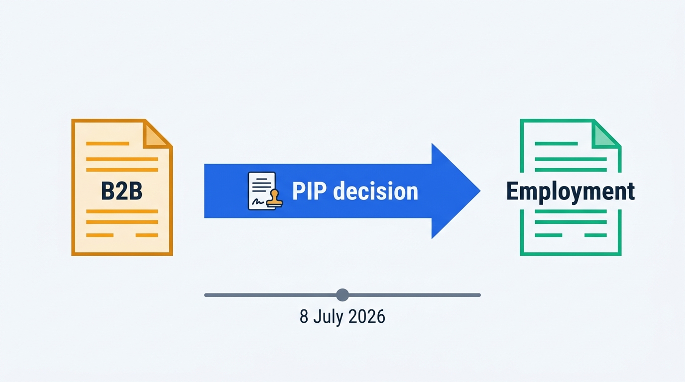 Diagram: a B2B contract document converted into an employment contract document by a PIP administrative decision, on a timeline marked 8 July 2026