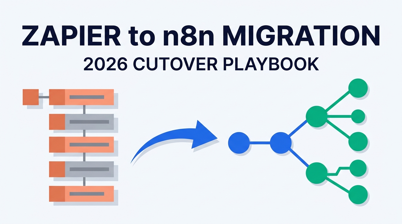 Illustration showing a rigid sequential Zapier-style pipeline on the left transforming via a blue arrow into an open n8n node graph on the right, under the headline Zapier to n8n Migration 2026 Cutover Playbook.