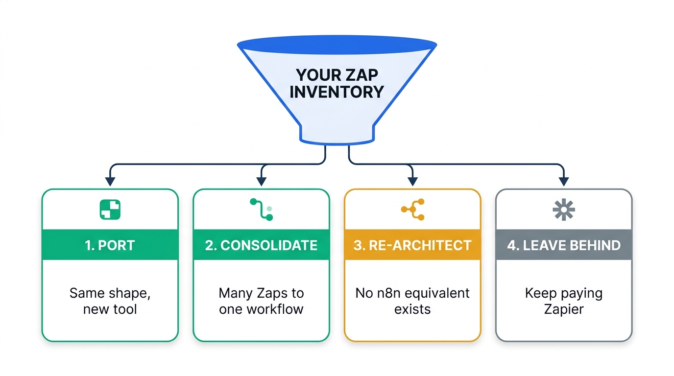 Funnel diagram splitting a Zap inventory into four columns: Port (same shape, new tool), Consolidate (many Zaps to one workflow), Re-architect (no n8n equivalent exists), and Leave behind (keep paying Zapier).