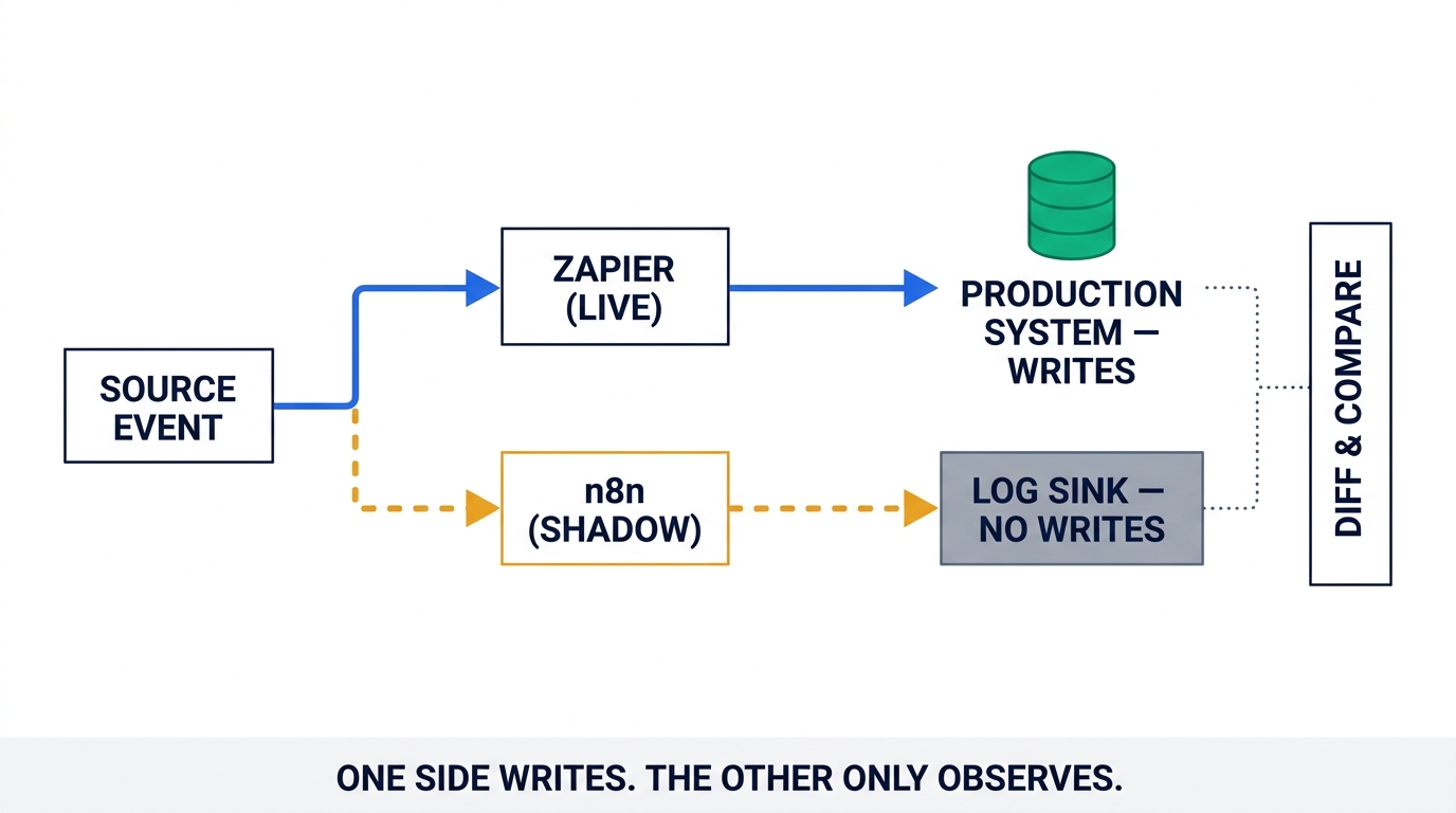 Architecture diagram: a source event splits into two lanes. The upper lane runs through Zapier live and writes to the production system. The lower dashed lane runs through n8n in shadow mode and writes only to a log sink. A diff and compare panel reads both. Caption: one side writes, the other only observes.