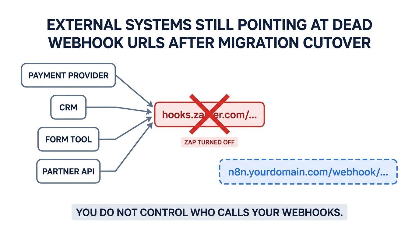 Diagram showing a payment provider, CRM, form tool, and partner API all sending requests to a crossed-out hooks.zapier.com URL labeled Zap turned off, while a separate dashed n8n webhook URL sits disconnected with no incoming traffic. Caption: you do not control who calls your webhooks.