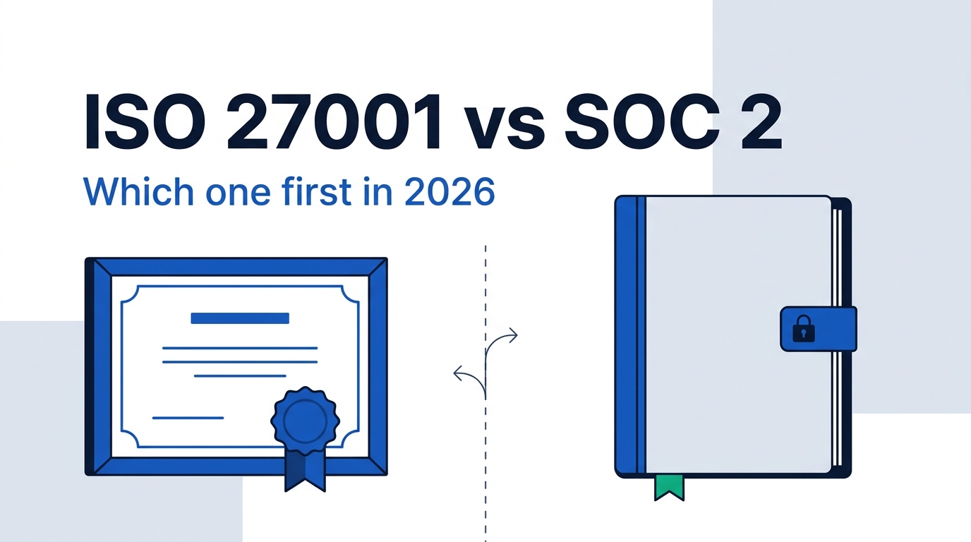 Illustration comparing an ISO 27001 certificate plaque with a locked SOC 2 report folder, with a decision arrow forking between them