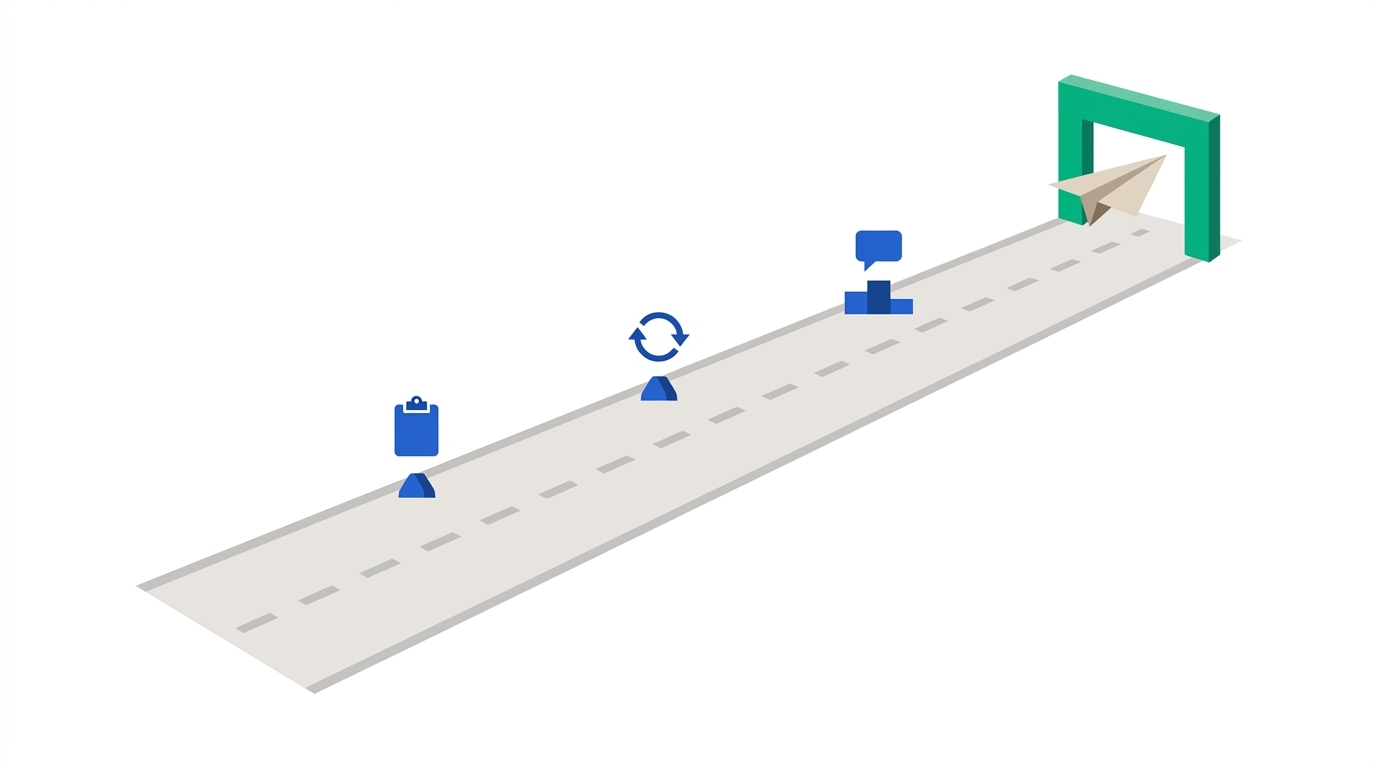 Isometric illustration of a runway with three milestone markers leading to a gate, representing the mandatory ISMS cycle before the Stage 2 certification audit