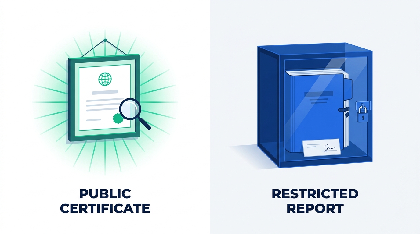 Split illustration: a publicly displayed, verifiable certificate on the left; a sealed report inside a locked case with a signature slip on the right