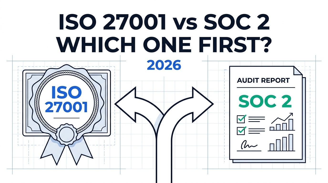 Illustration comparing an ISO 27001 certificate seal with a SOC 2 audit report, split by a forking arrow representing the sequencing decision in 2026.