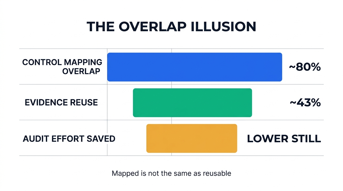 Bar chart showing three different measures of framework overlap: control mapping overlap at about 80 percent, evidence reuse at about 43 percent, and audit effort saved lower still.