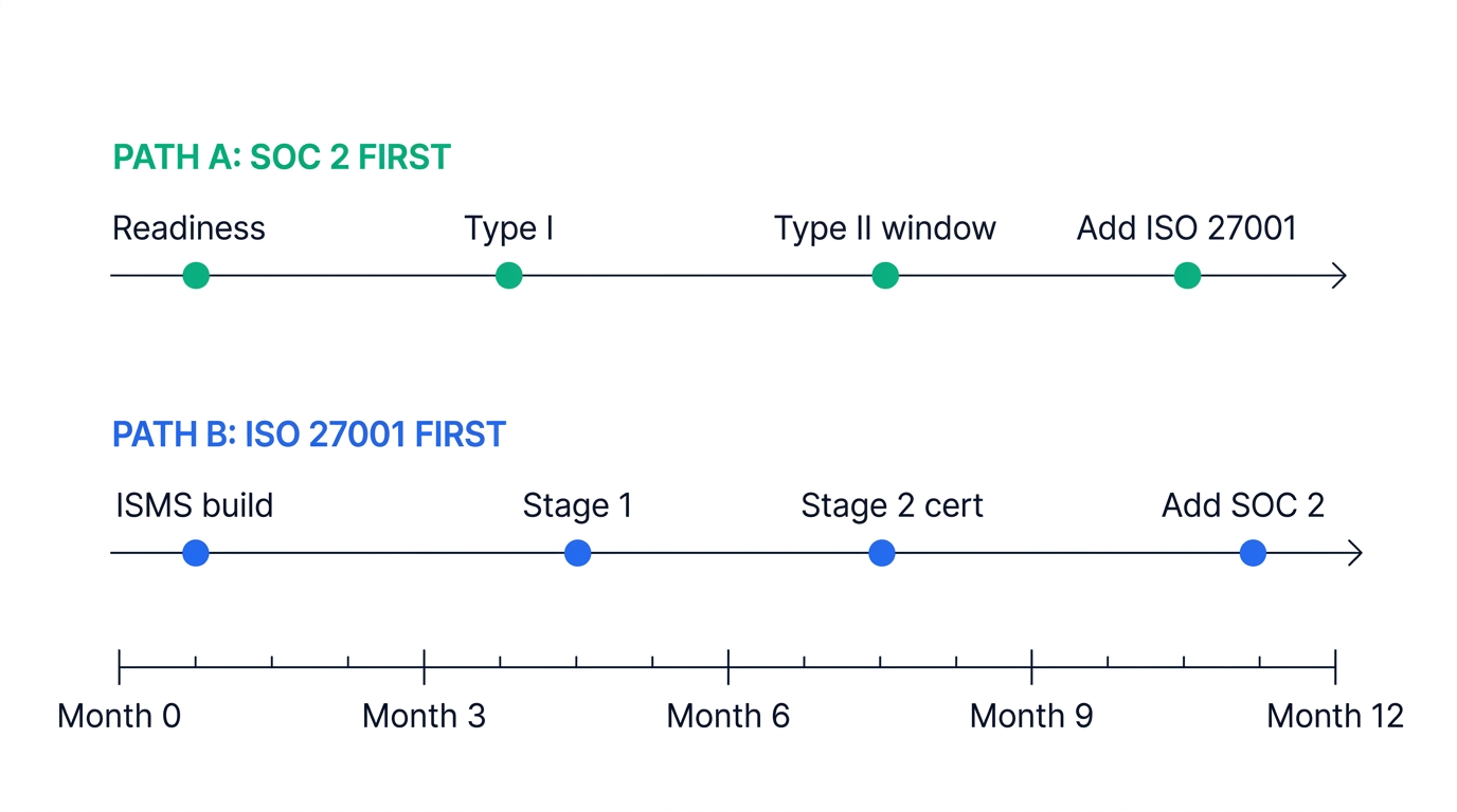 Timeline diagram comparing two compliance sequences over twelve months: Path A runs SOC 2 first through readiness, Type I, and a Type II observation window before adding ISO 27001; Path B runs ISO 27001 first through ISMS build, Stage 1, and Stage 2 certification before adding SOC 2.