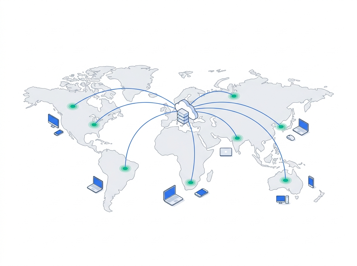Illustration of a world map with connected nodes across continents linking back to a central cloud and server icon, with small laptop and device icons near several regions, representing a distributed global engineering team