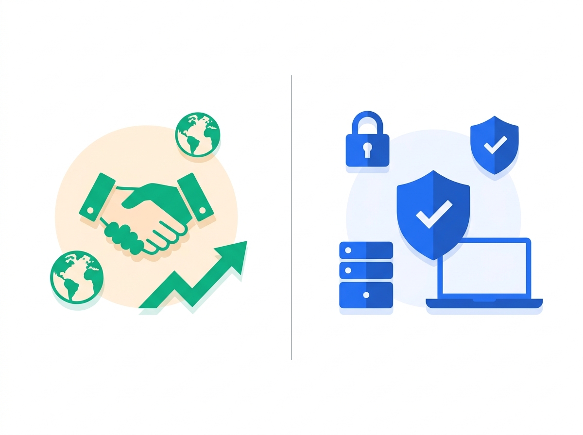 Split illustration contrasting fast global hiring, shown as a handshake and rising growth arrow, against access security, shown as a padlock and shield protecting a laptop and server