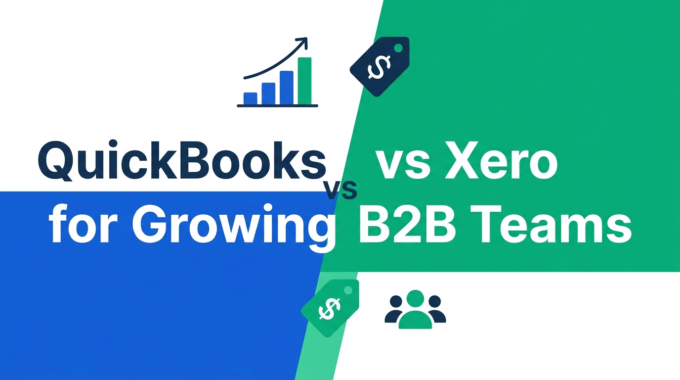 QuickBooks vs Xero for growing B2B teams 2026 — split illustration comparing the two accounting platforms with pricing and team-scaling icons