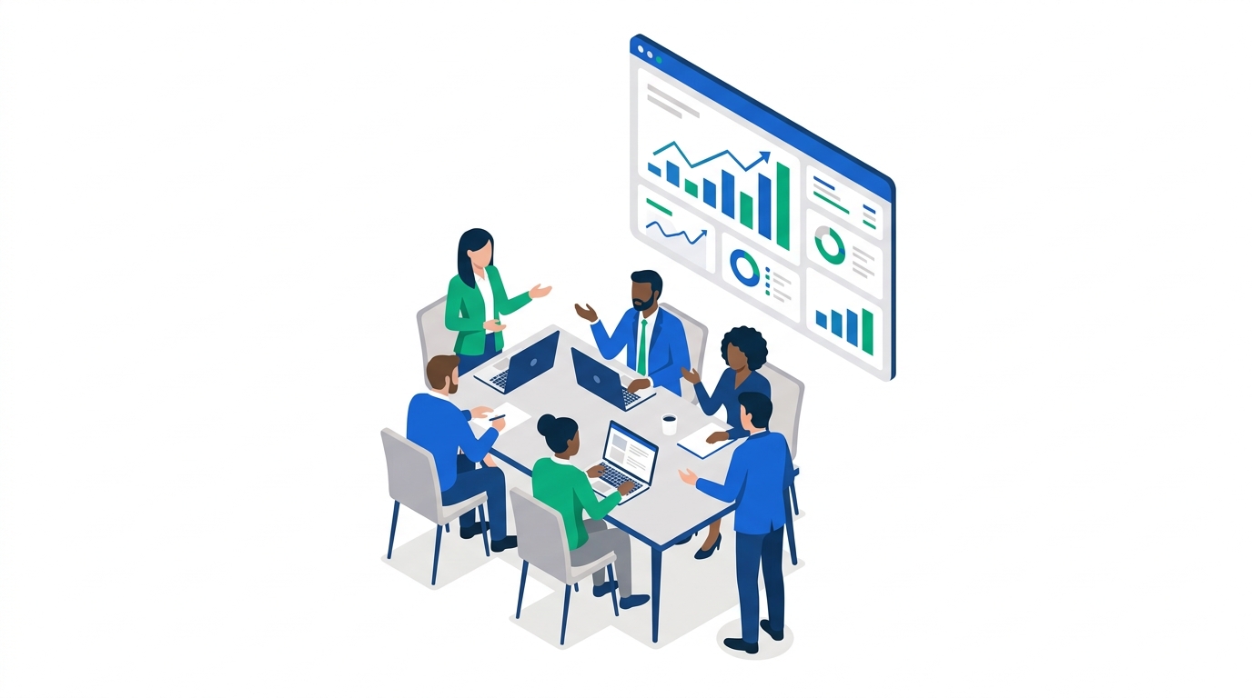 Illustration of a growing finance and operations team collaborating around shared financial dashboards, representing a B2B company scaling headcount