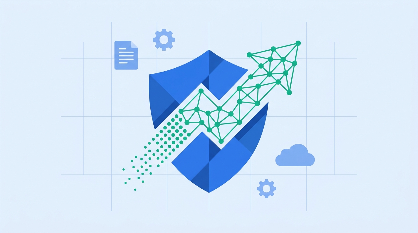 Abstract illustration of a security shield with a network arrow passing through it, symbolizing a continuous transition between two compliance automation platforms