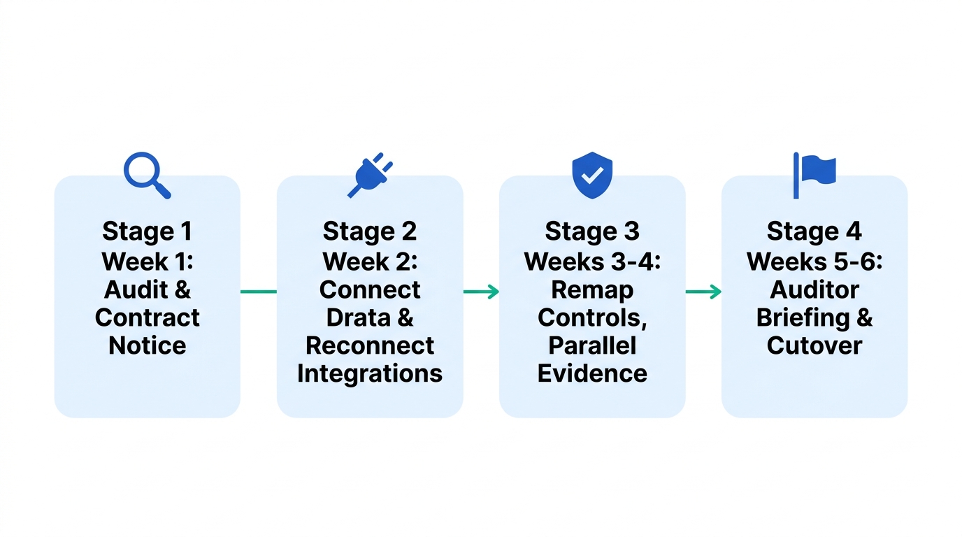 Four-stage timeline infographic showing a Vanta to Drata migration: Week 1 audit and contract notice, Week 2 connect Drata and reconnect integrations, Weeks 3-4 remap controls and run parallel evidence collection, Weeks 5-6 auditor briefing and cutover