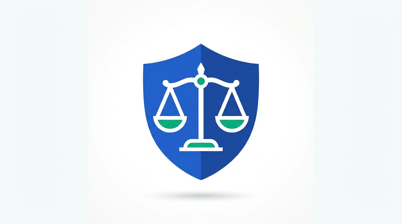 Abstract illustration of a shield with a balance scale inside it, representing legal compliance and risk management in employment relationships.