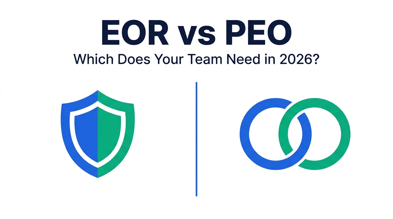 Split illustration comparing EOR and PEO employment models, with a shield icon representing sole legal employer on one side and two interlocking rings representing co-employment on the other, above the text EOR vs PEO: which does your team need in 2026.