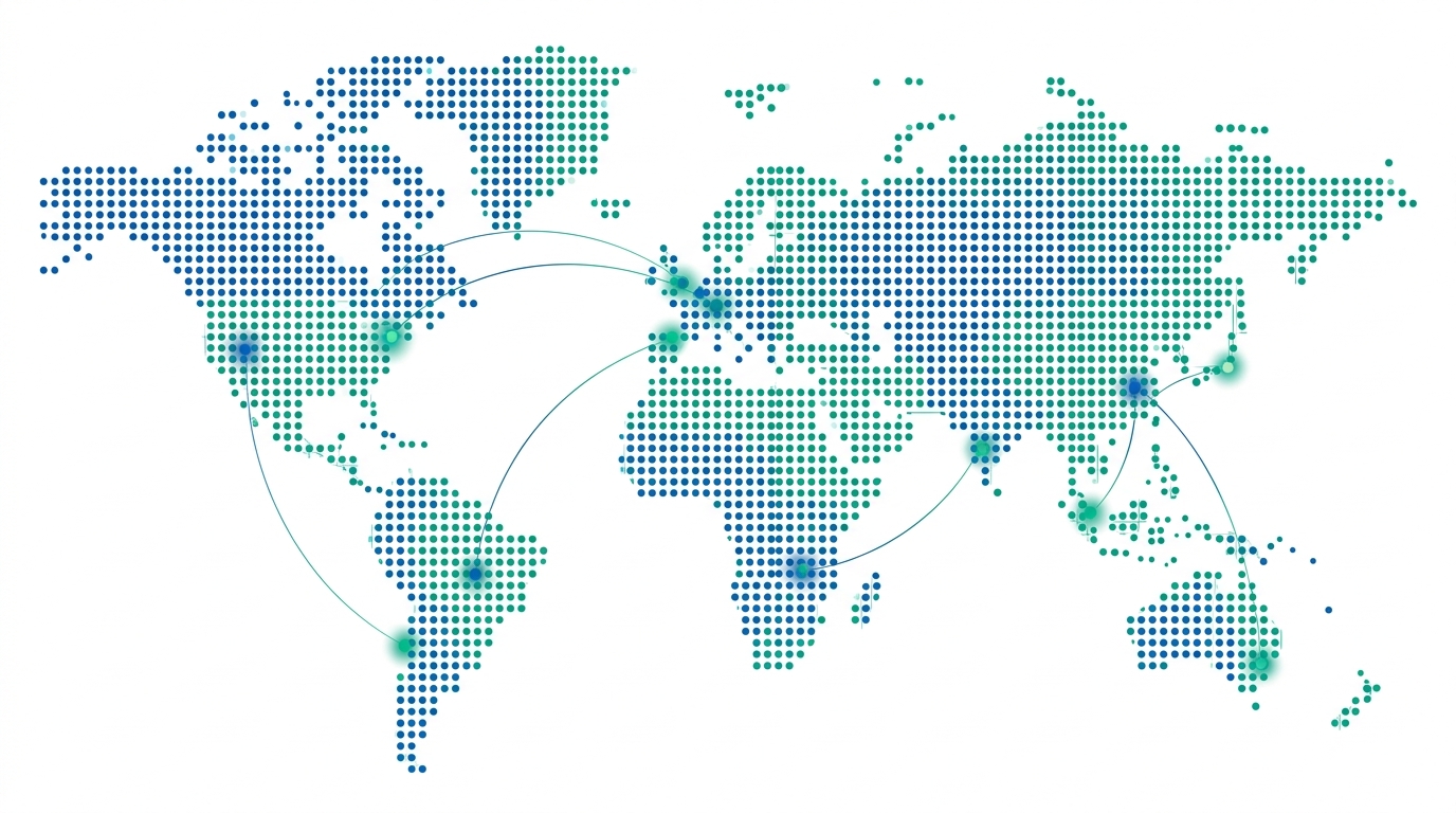 Abstract illustration of a world map with connected hubs, representing distributed global hiring across multiple countries.