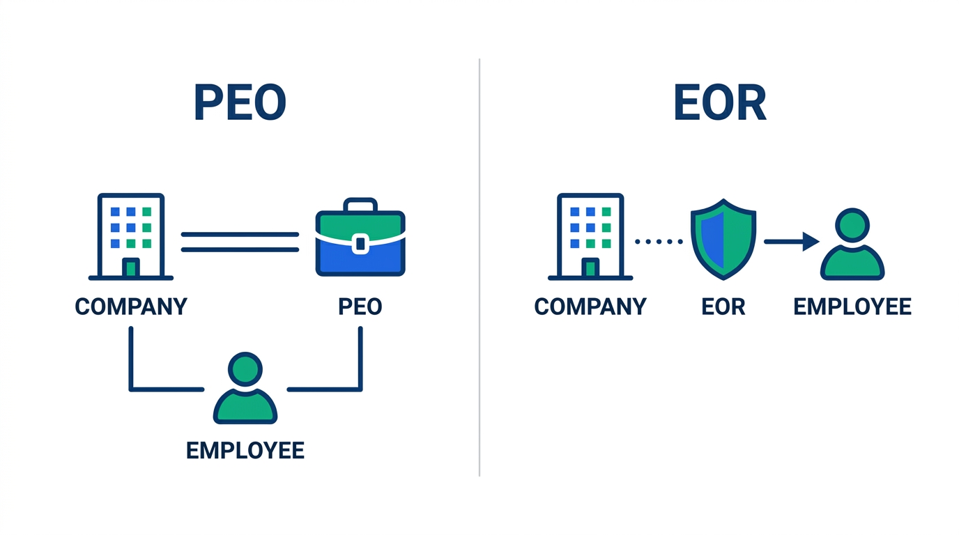 Diagram comparing the PEO and EOR employment relationship: under a PEO, the company and the PEO share employer status over the employee; under an EOR, the company directs work while the EOR alone is the legal employer of the employee.