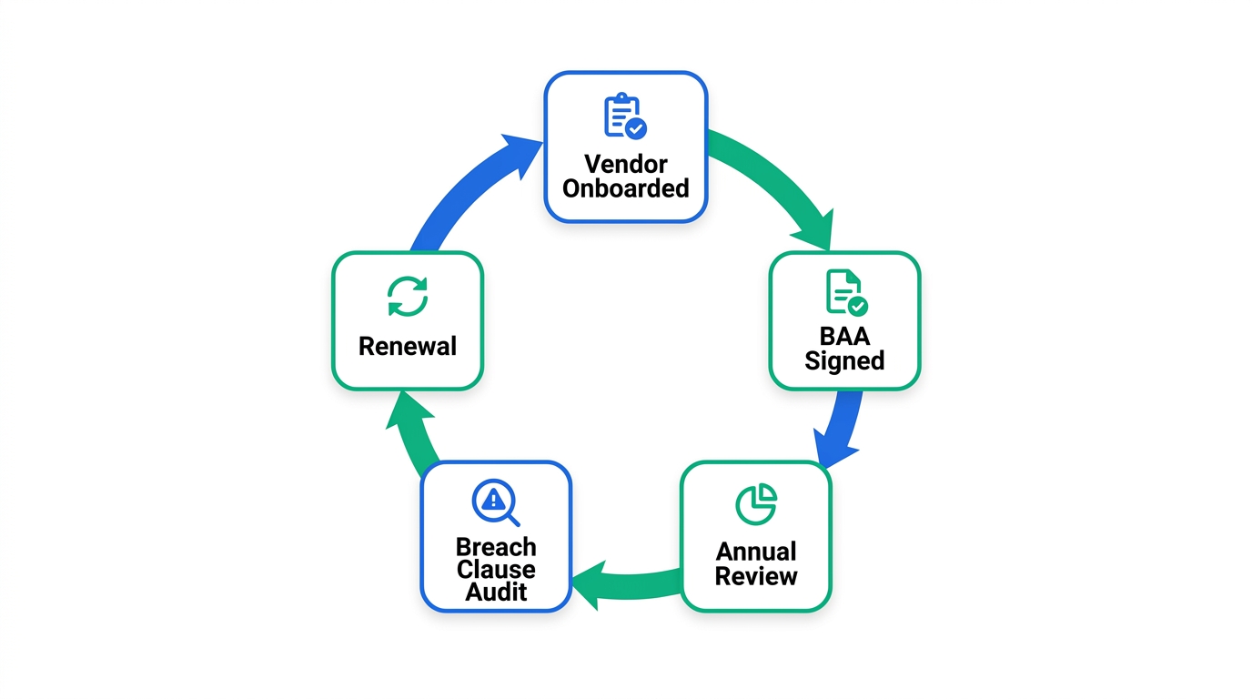 Circular BAA lifecycle diagram showing five stages: Vendor Onboarded, BAA Signed, Annual Review, Breach Clause Audit, Renewal