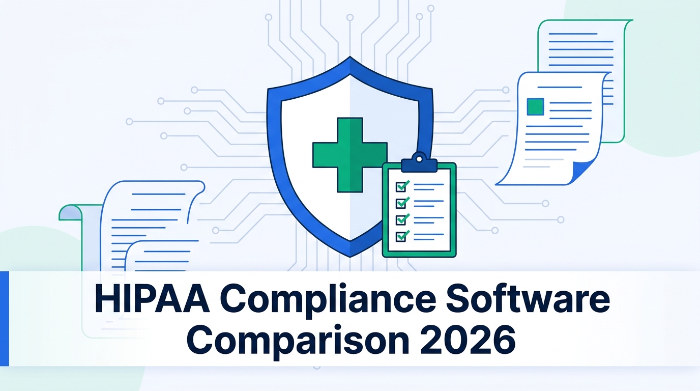 HIPAA Compliance Software Comparison 2026 — illustration of a shield with a medical cross and a compliance checklist clipboard, representing healthcare data protection software