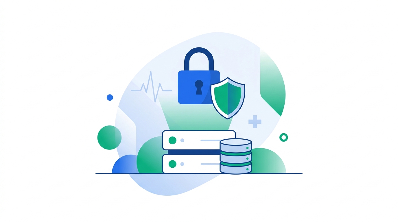 Abstract illustration of a digital padlock and shield protecting a stack of servers, with a subtle heartbeat pulse line and medical cross, representing protection of patient health data