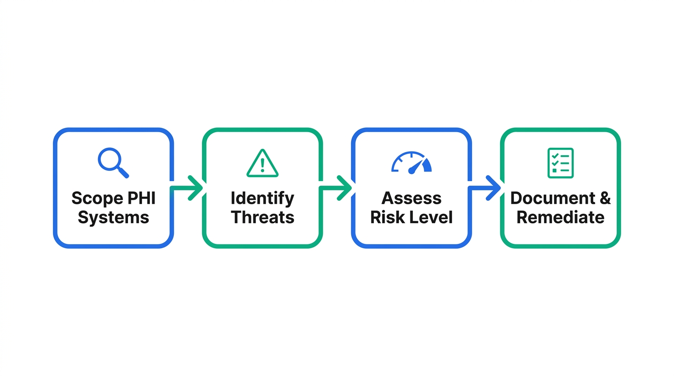 Four-step Security Risk Analysis workflow diagram: Scope PHI Systems, Identify Threats, Assess Risk Level, Document and Remediate