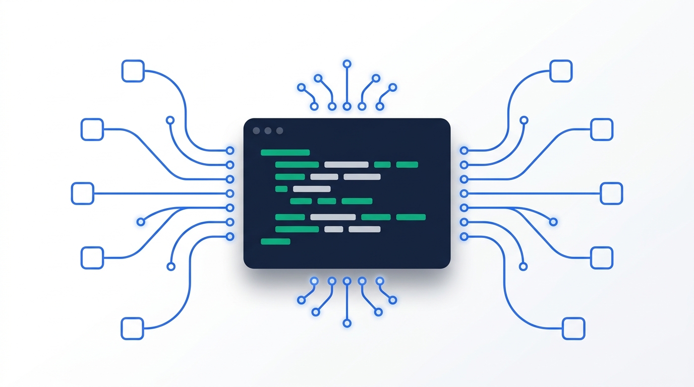 Abstract illustration of a dark code terminal window with webhook connections radiating outward to multiple systems, representing a custom API integration between Salesforce and Slack