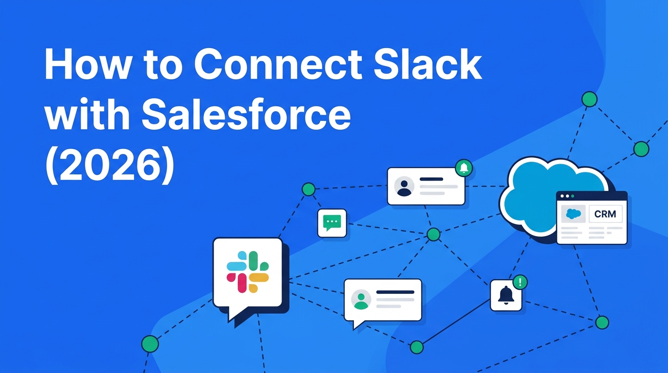 Illustration of a Slack chat bubble icon connected by dashed lines to a Salesforce CRM cloud dashboard icon, representing how to connect Slack with Salesforce in 2026