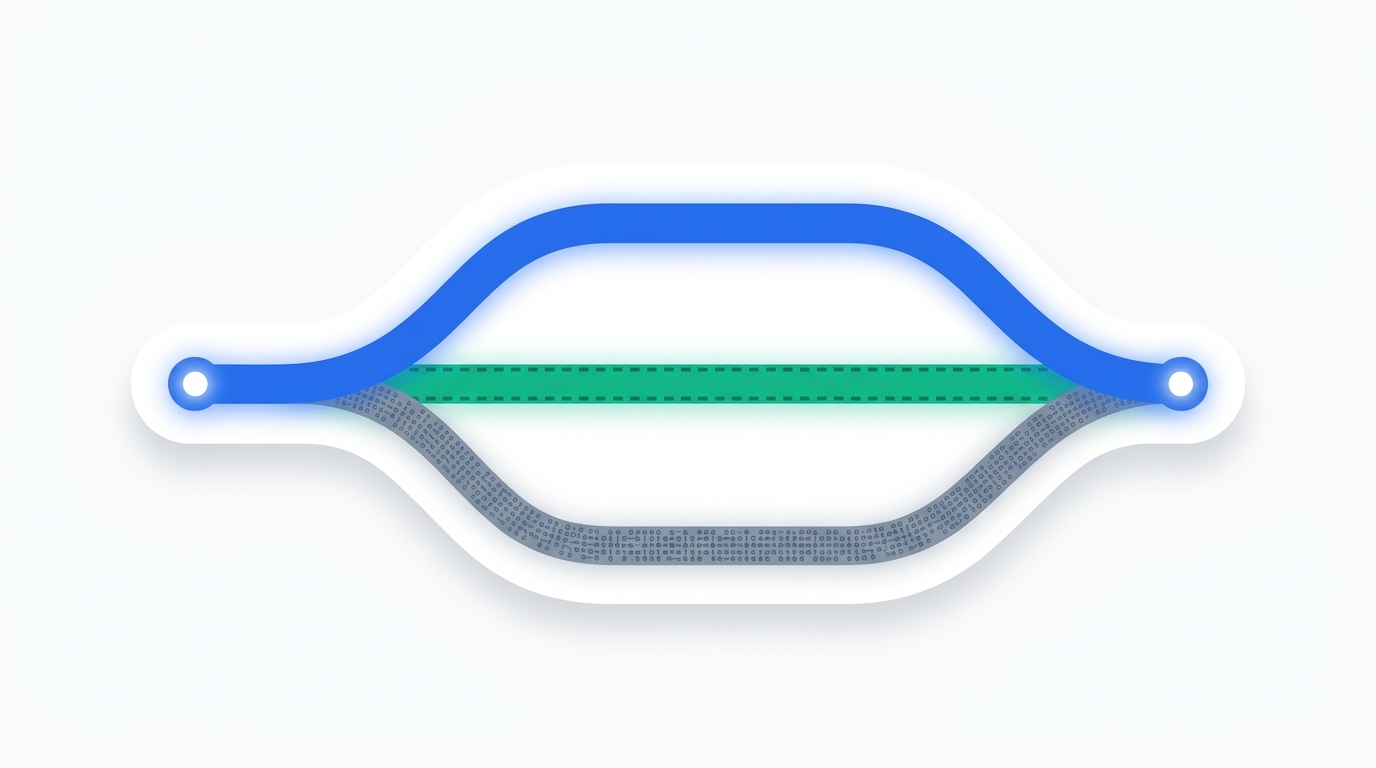 Abstract illustration of three distinct connected paths branching from one starting point to a shared destination, representing the three ways to integrate Slack and Salesforce: native app, automation platform, and custom API