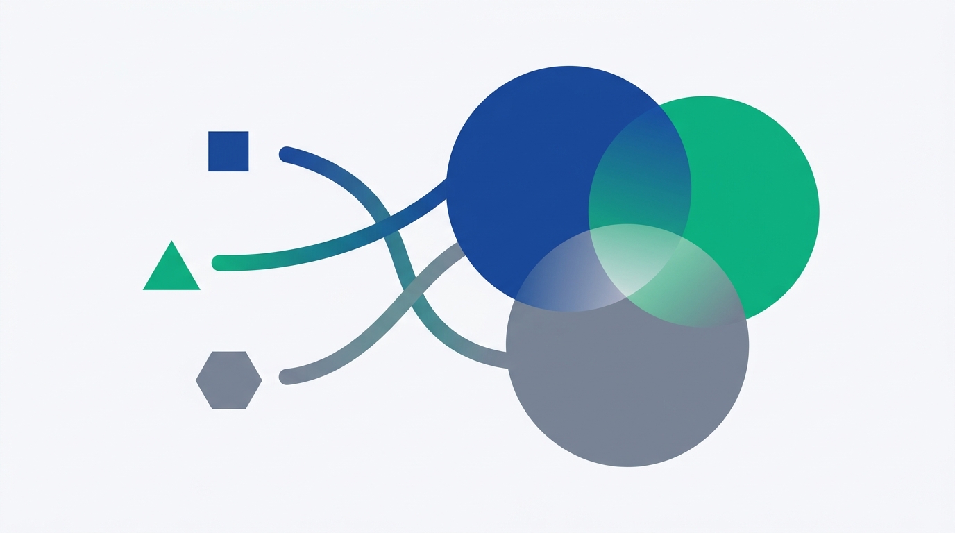 Abstract illustration of three smaller geometric shapes being absorbed into three larger overlapping circles, representing software acquisitions and platform consolidation in the expense management category