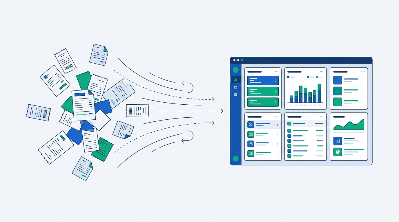 Abstract illustration of scattered paper receipts and invoices being pulled into an organized digital dashboard, representing the shift from manual expense tracking to automated software