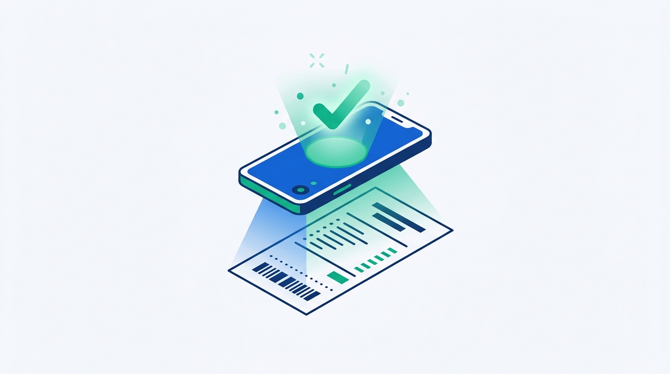 Abstract illustration of a smartphone camera scanning a paper receipt with a glowing checkmark, representing automated receipt capture and approval in expense management software
