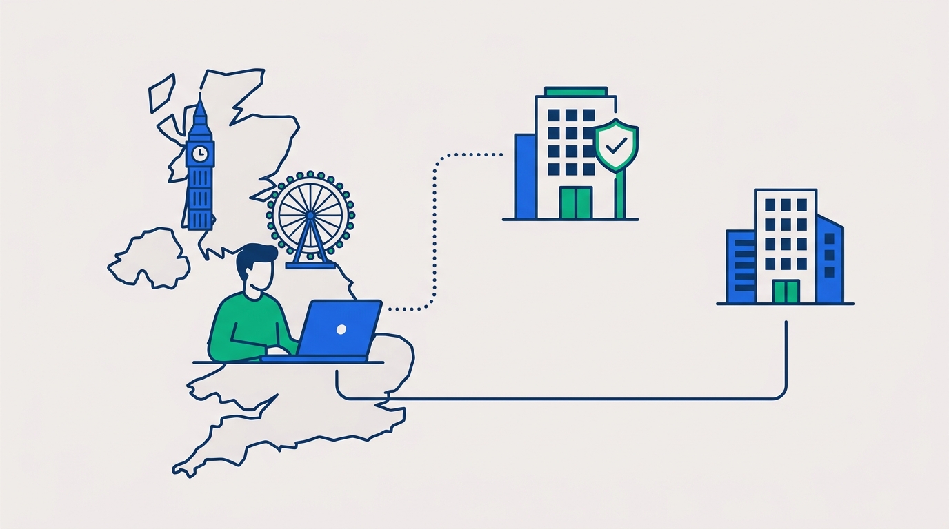 Illustration of the three-way employment relationship between a UK employee, the Employer of Record as legal employer, and the client company managing the work.