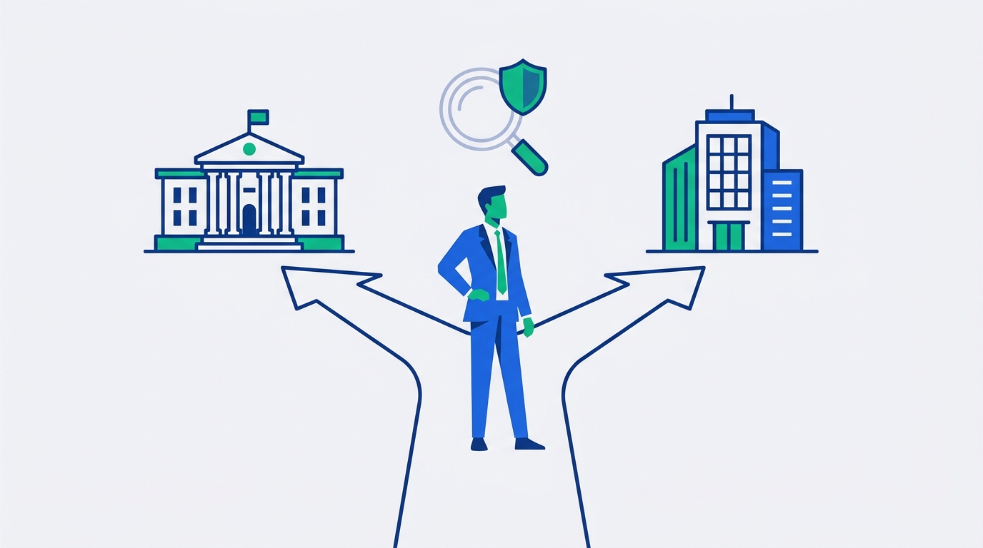 Illustration of a compliance decision point between a government immigration review path and a corporate management path, representing the Home Office genuine control test for visa sponsorship.