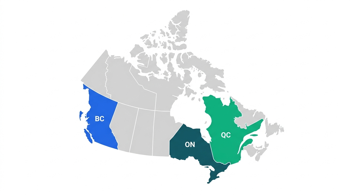 Stylized map of Canada highlighting Ontario, Quebec, and British Columbia in distinct colors, representing three separate employment law jurisdictions