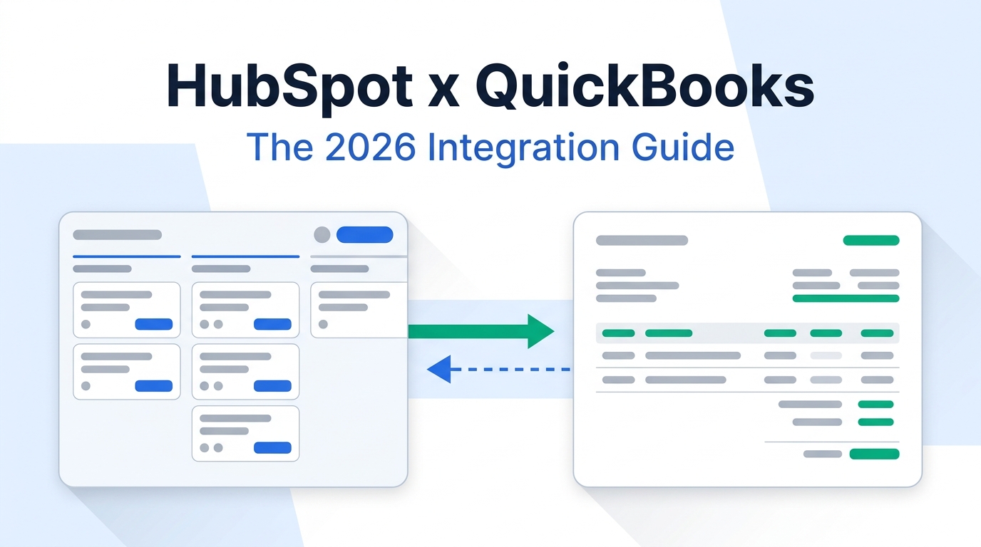 Illustration of a HubSpot deal board on the left and a QuickBooks invoice ledger on the right, joined by a sync pipeline with a solid green arrow flowing right and a dashed blue arrow flowing back left.