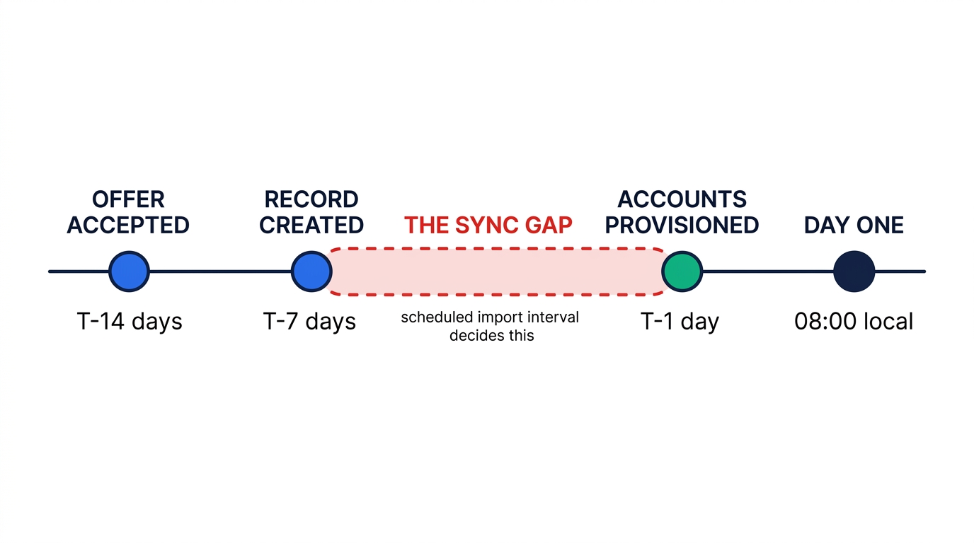 Timeline from offer accepted at T-minus-14 days through record created at T-minus-7, accounts provisioned at T-minus-1, and day one at 08:00 local, with the span between record creation and provisioning shaded red and labeled The Sync Gap.
