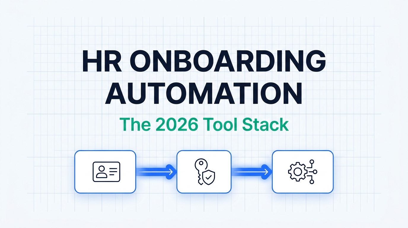 Illustration titled HR Onboarding Automation: The 2026 Tool Stack, showing three connected cards representing an employee record, an identity key, and an automation gear.