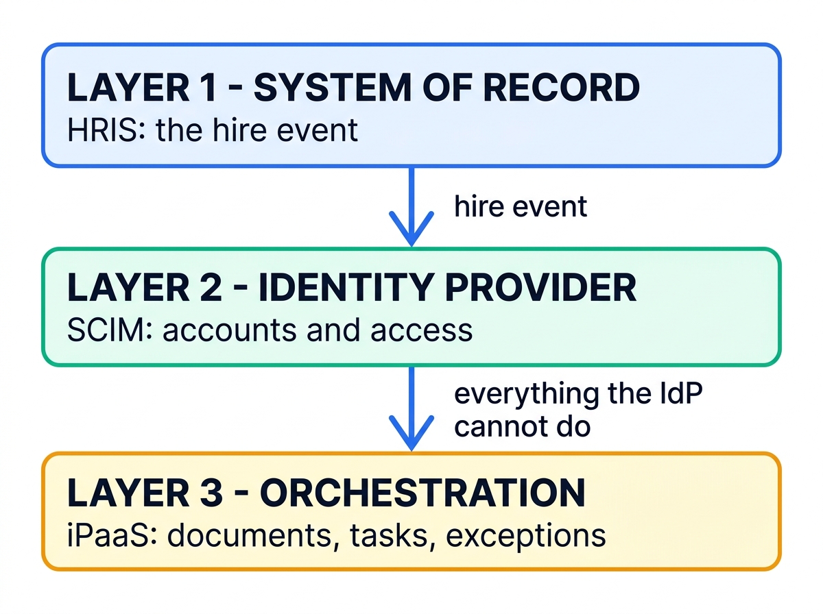 Diagram of three stacked layers: Layer 1 system of record (HRIS, the hire event), Layer 2 identity provider (SCIM, accounts and access), Layer 3 orchestration (iPaaS, documents, tasks, exceptions), connected by downward arrows.