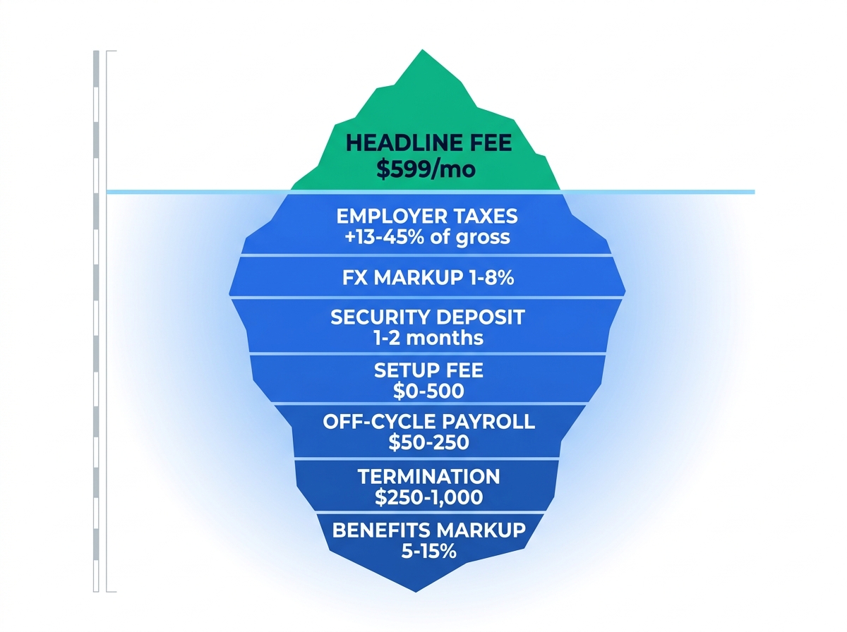 Iceberg diagram showing a small headline EOR fee of $599 per month above the waterline, with employer taxes of 13 to 45 percent of gross, FX markup 1 to 8 percent, security deposit of 1 to 2 months, setup fee $0 to 500, off-cycle payroll $50 to 250, termination $250 to 1,000, and benefits markup 5 to 15 percent below it