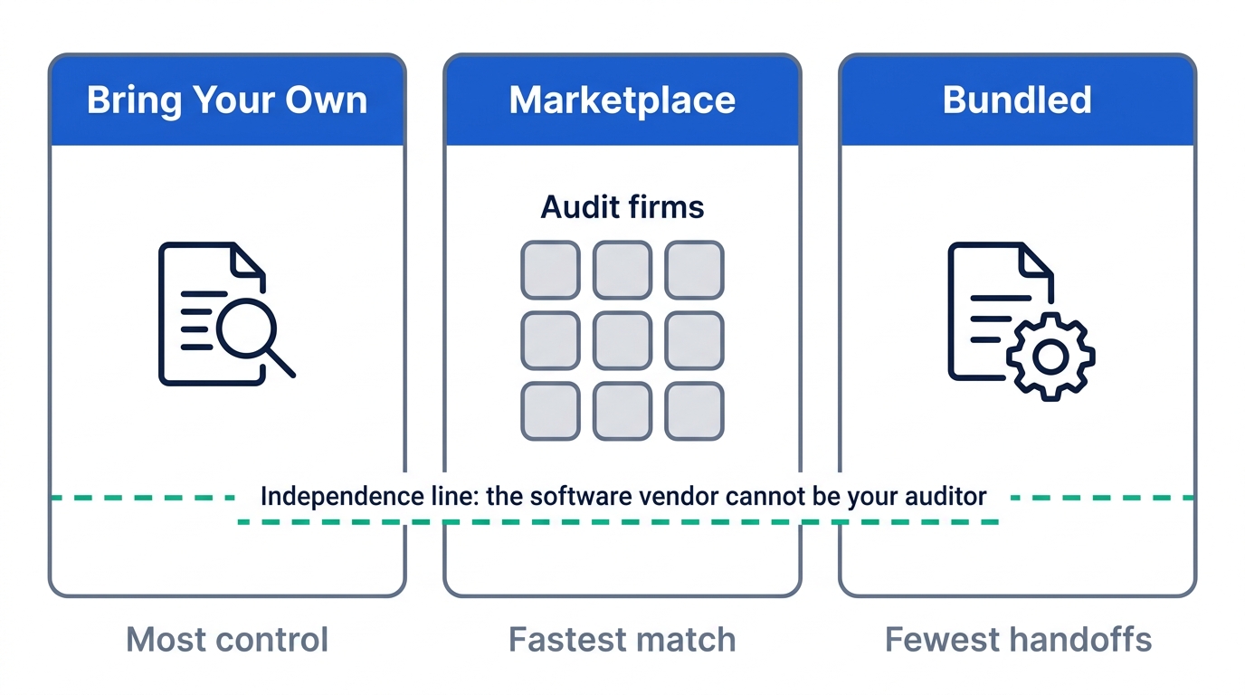 Three cards comparing auditor procurement models: bring your own, marketplace, and bundled, with a dashed line labeled independence line showing the software vendor cannot be your auditor