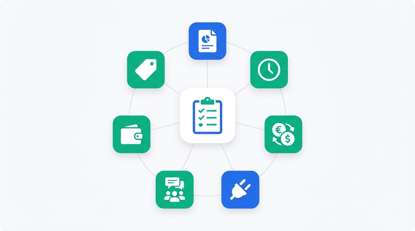 Abstract illustration of a checklist-style dashboard representing the seven accounting software evaluation criteria: reporting, time tracking, multi-currency, integrations, client billing, payroll, and pricing