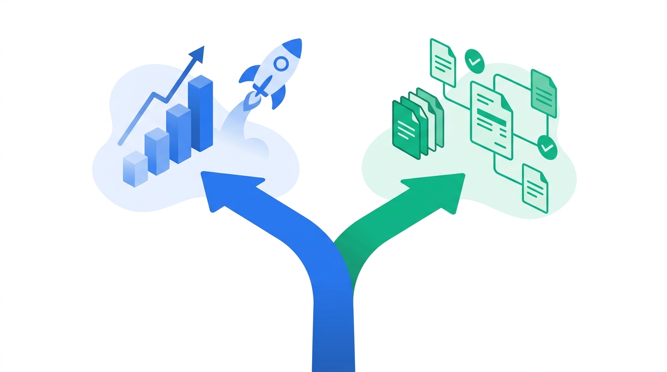 Illustration of two diverging paths, one leading toward a startup growth chart and the other toward a network of connected client invoices, representing the different accounting software needs of startups versus agencies