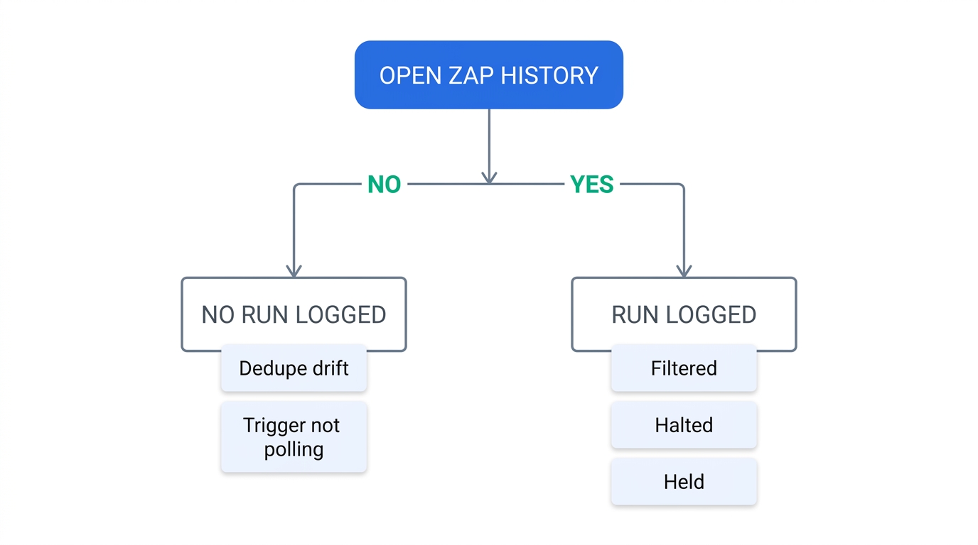 Decision tree diagram starting from Open Zap History, branching into No Run Logged with dedupe drift and trigger not polling causes, and Run Logged with filtered, halted and held causes