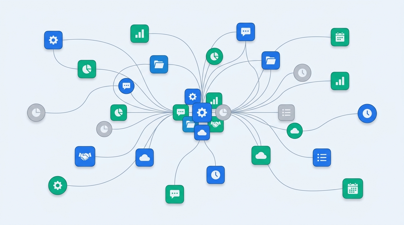 Abstract illustration of many small business software icons connected by lines converging toward a central integration hub, representing a company's tool ecosystem linked together