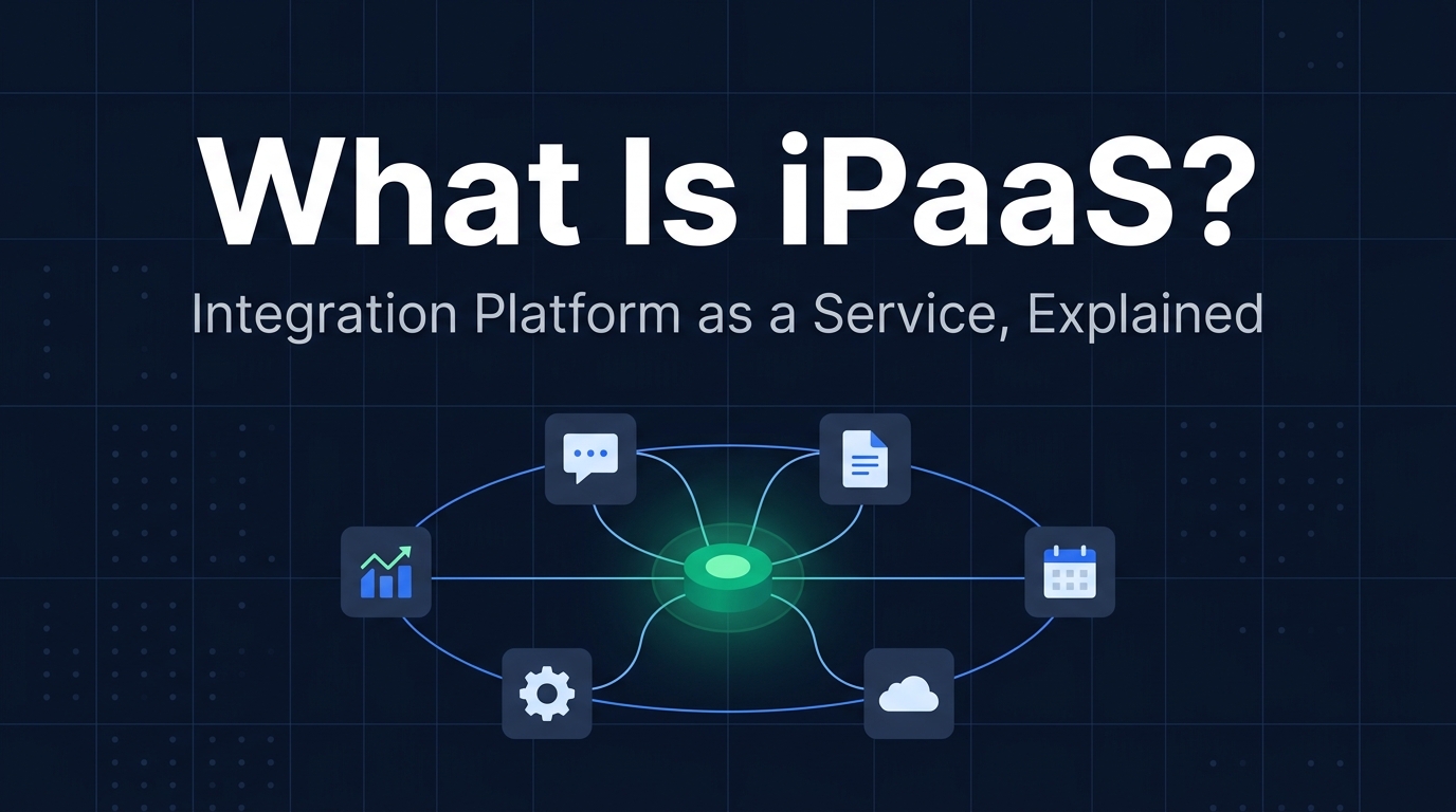 Illustration titled 'What Is iPaaS? Integration Platform as a Service, Explained' showing app icons connected by lines to a glowing central hub, representing an integration platform connecting business software